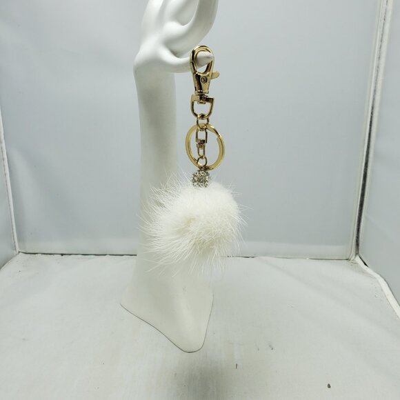 Ali Khan faux fur Pom Pom gold key chain with rhinestones and gift box - Picture 2 of 4